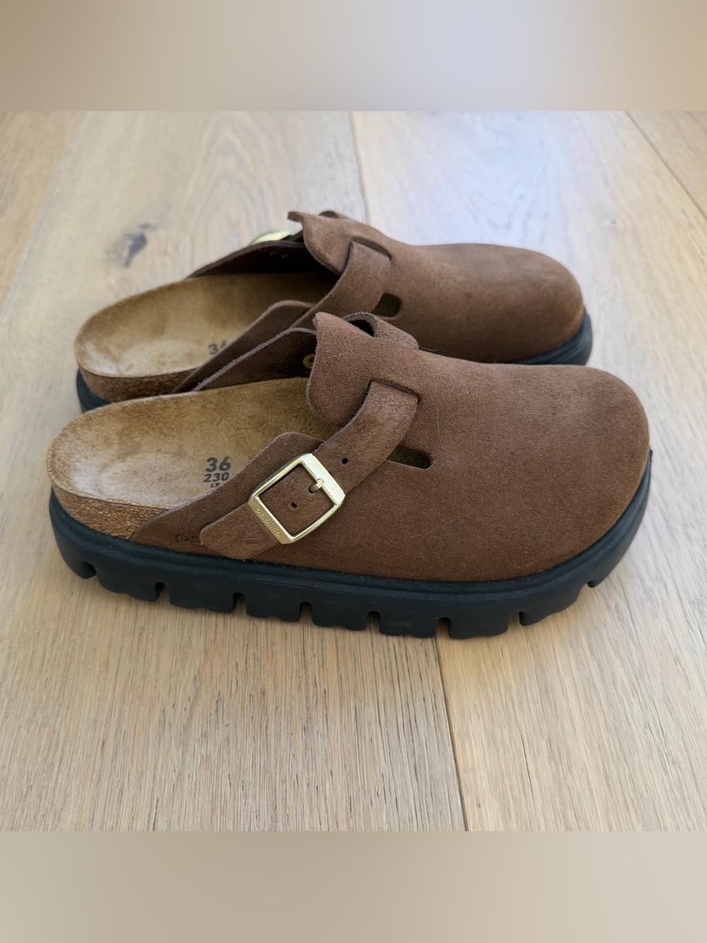 Birkenstock Boston Chunky Clogs with Black Lug Sole and Gold Buckle